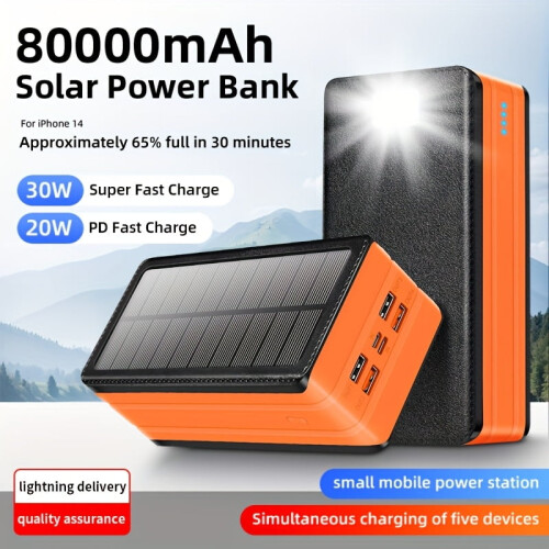 Ηλιακή τράπεζα ενέργειας 80000mAh, γρήγορη φόρτιση 30W, 5 έξοδοι/2 ίντσες, φακός LED SOS –