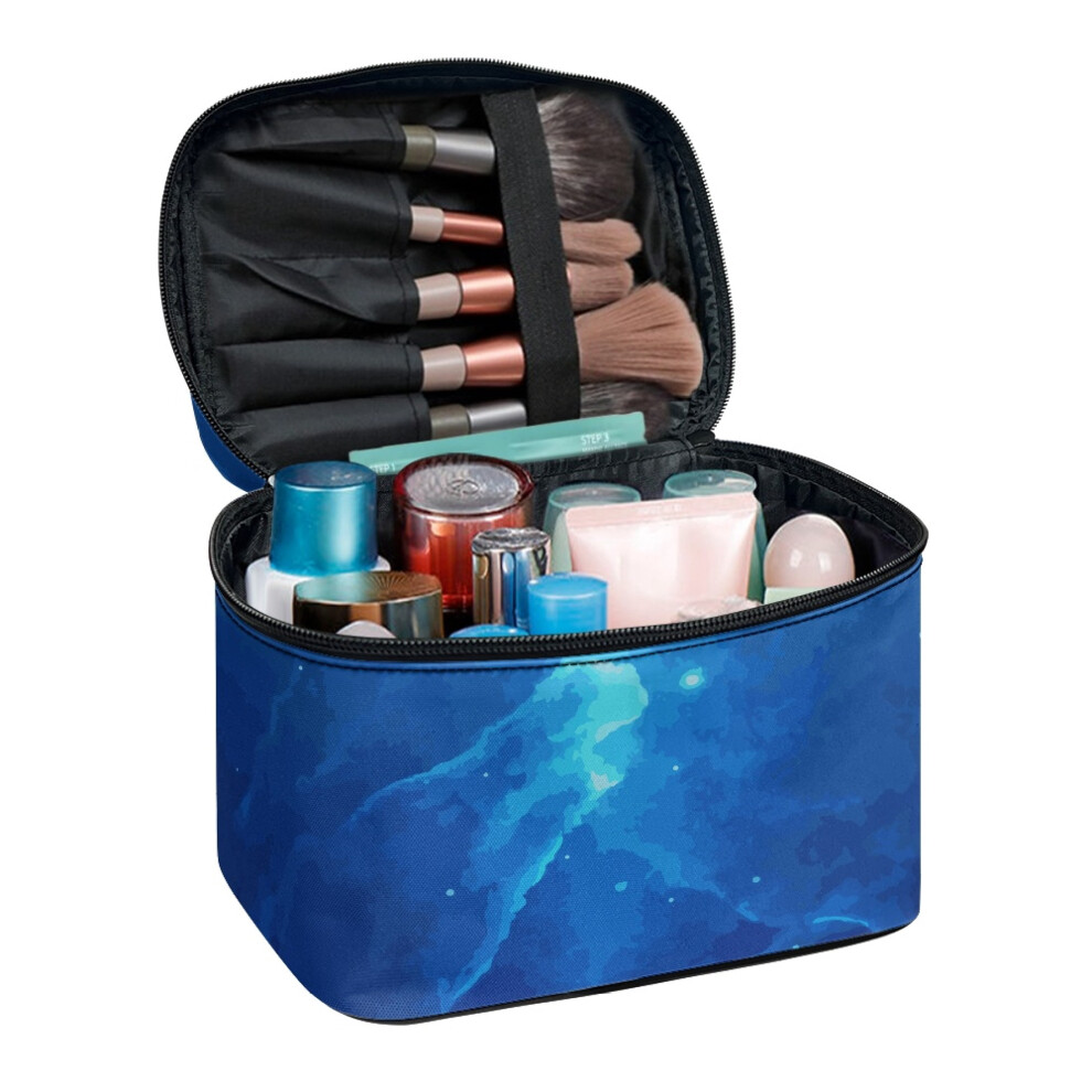 Watercolor Blue Pattern Toiletry Cosmetic Travel Bag with Brush Slots Polyester Space-Efficient Travel Make Up Organizer