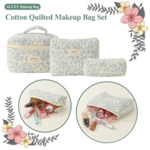Makeup Cosmetic Bag 3 Pcs Cotton Quilted Makeup Bag Aesthetic Floral Toiletry Bag for Women,F