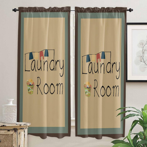 Laundry Room Curtains Semi-Sheer Brown Border 2-Pack 52x84