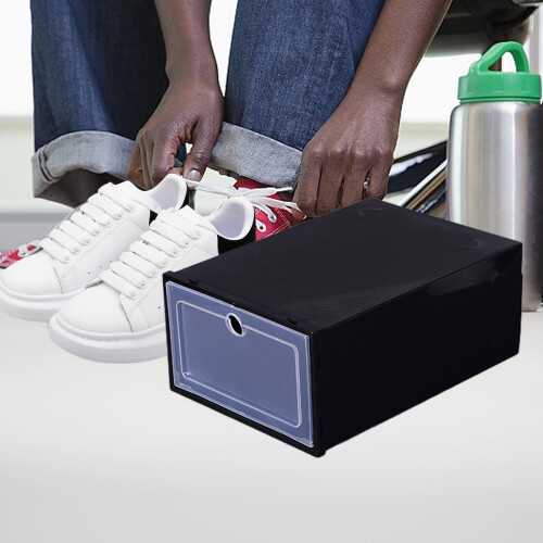 Clear Stackable Shoe Storage Box, 12x8x5", Transparent Foldable Clamshell Organizer with Front Opening (Black) 1