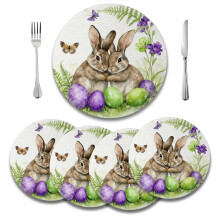 Spring Easter Round Placemats Set of 4,Happy Easter Funny Rabbit Eggs Table Place Mats 14 inch