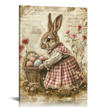 Vintage Easter Bunny Eggs Print Wall Art – Rabbit Poster on Canvas for Bedroom, Living Room, Bathroom, Office – Easter Decor & Gifts