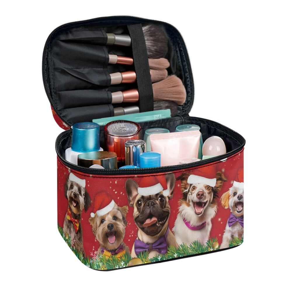 Holiday Dog Portrait Makeup Case with Brush Slots With Zipper & Handle Portable Cosmetic Bags Hand-Held Effortless Organization for Girls