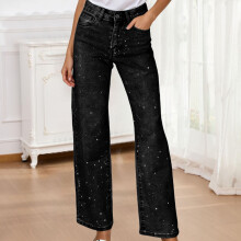 Women's High-Waisted Wide-Leg Denim Jeans with Rhinestone