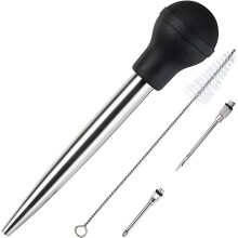 Stainless Steel Turkey Baster Commercial Grade Quality Rubber Bulb Including 2 Marinade Injector Needles and Brush for Easy Clean Up