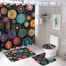 Colorful Circle 4-Pc Shower Curtain Set w/ Rugs – Watercolor Polka Dot Rainbow Design, Waterproof for Bathtub Decor