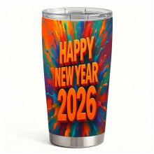 Happy New Year 2026 Color Splash Stainless Steel Insulated Tumbler with Lid, Travel Coffee Cup