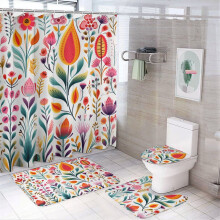 4-Piece Shower Curtain Set w/ Non-Slip Rug, Toilet Lid Cover & Bath Mat – Colorful Abstract Floral Watercolor Design