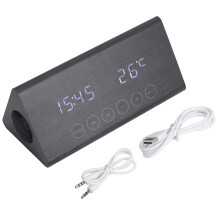 Digital Alarm Clock With Stylish Wooden Design, Multi-Function Speaker, Dual Alarms Temperature Detect, Dimmer For Bedroom (Black)