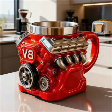 V8 Engine Mug – Stainless Steel Retro Punk Coffee Cup with Insulated Handle, Compatible with Motorcycle Enthusiasts & Engineers