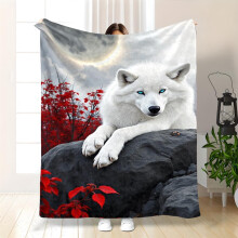 Serene Moonlit Forest Flannel Throw Blanket – White Wolf & Red Leaves Design, Lightweight & Cozy, Indoor/Outdoor, Machine Washable