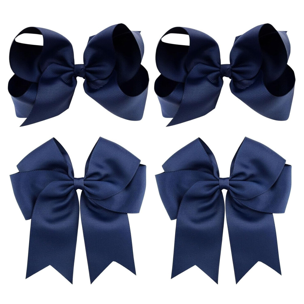4 PCS 6 Inch Big Hair Bow Clips For Girls,Bow Clip with Tails Hair Bows Alligator Clips (Navy Blue)