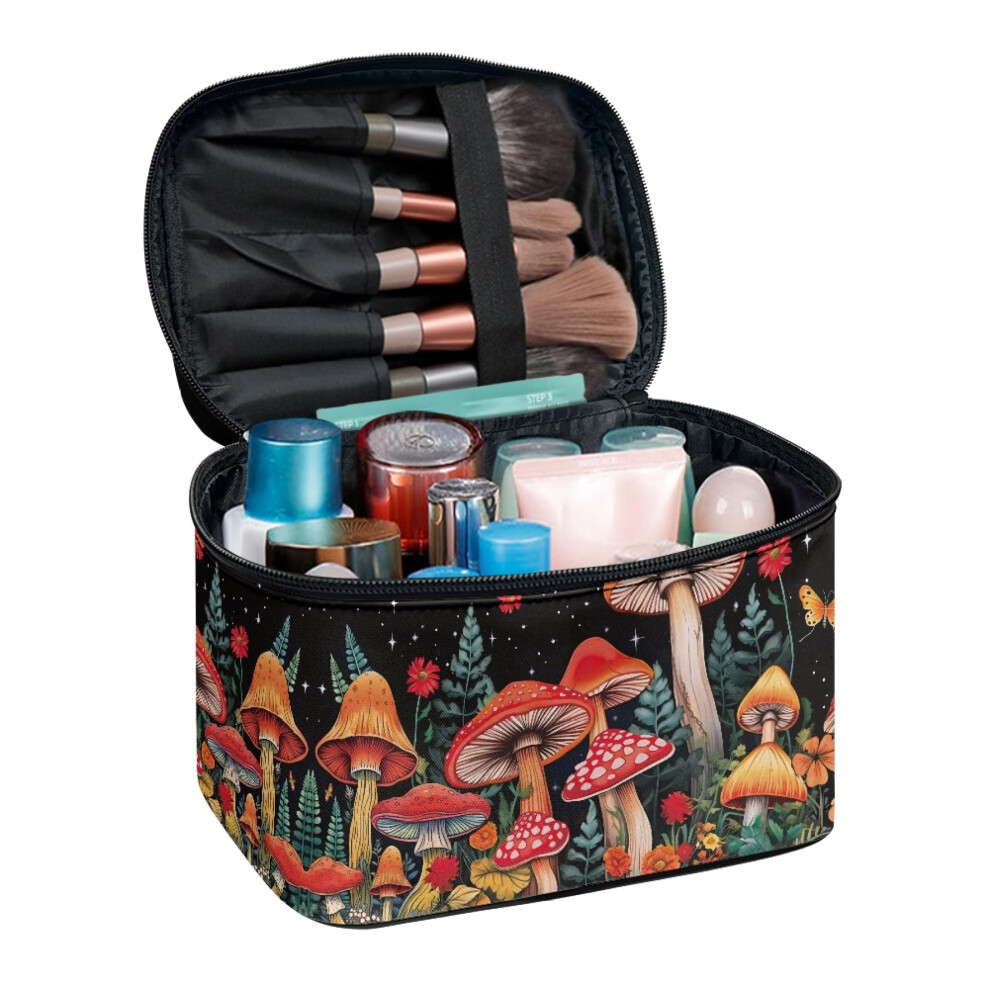 Fold Flat Travel Makeup Bag with Brush Compartment Mushroom Starry Night Polyester Make up Organizer