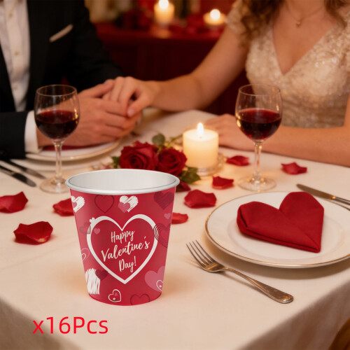 DAMAI Pink Heart Paper Cups 9oz 16pcs 2