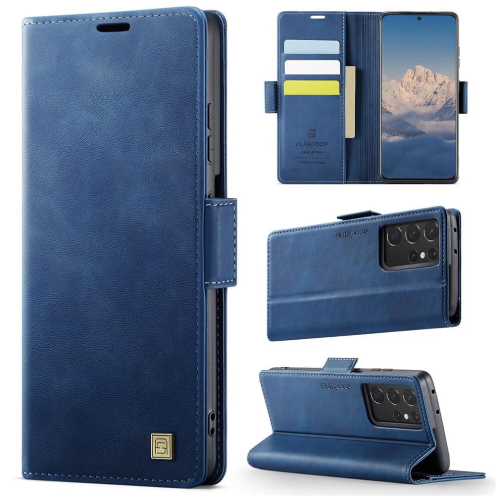 Autspace Magnetic Wallet Phone Case For Compatible With Samsung Galaxy S21 Ultra Â Shockproof Flip Leather Case With Card Holder, Blue 9313598243874
