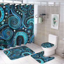 4-Piece Shower Curtain Set with Non-Slip Rugs, Toilet Mat & Lid Rug – Turquoise/Black Dots, Ocean Swirl Ink Art, 72"x72", 12 Hooks