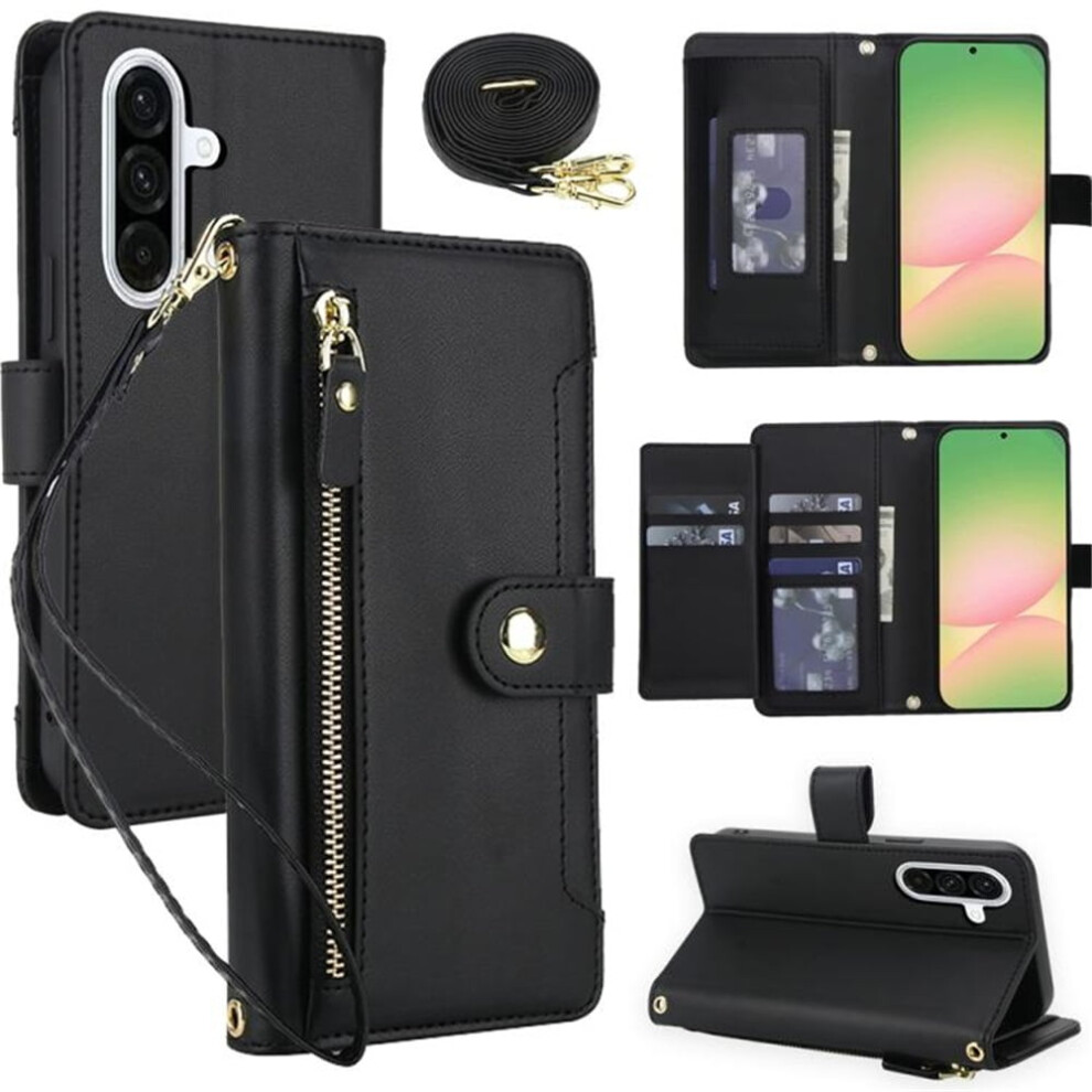 Rfid Blocking Wallet Case For Samsung Galaxy A36 5G (6.7") Â Shockproof, Multi-Card Slots, Zipper Pocket, Detachable Shoulder/Wrist Strap, Black 9313598244598
