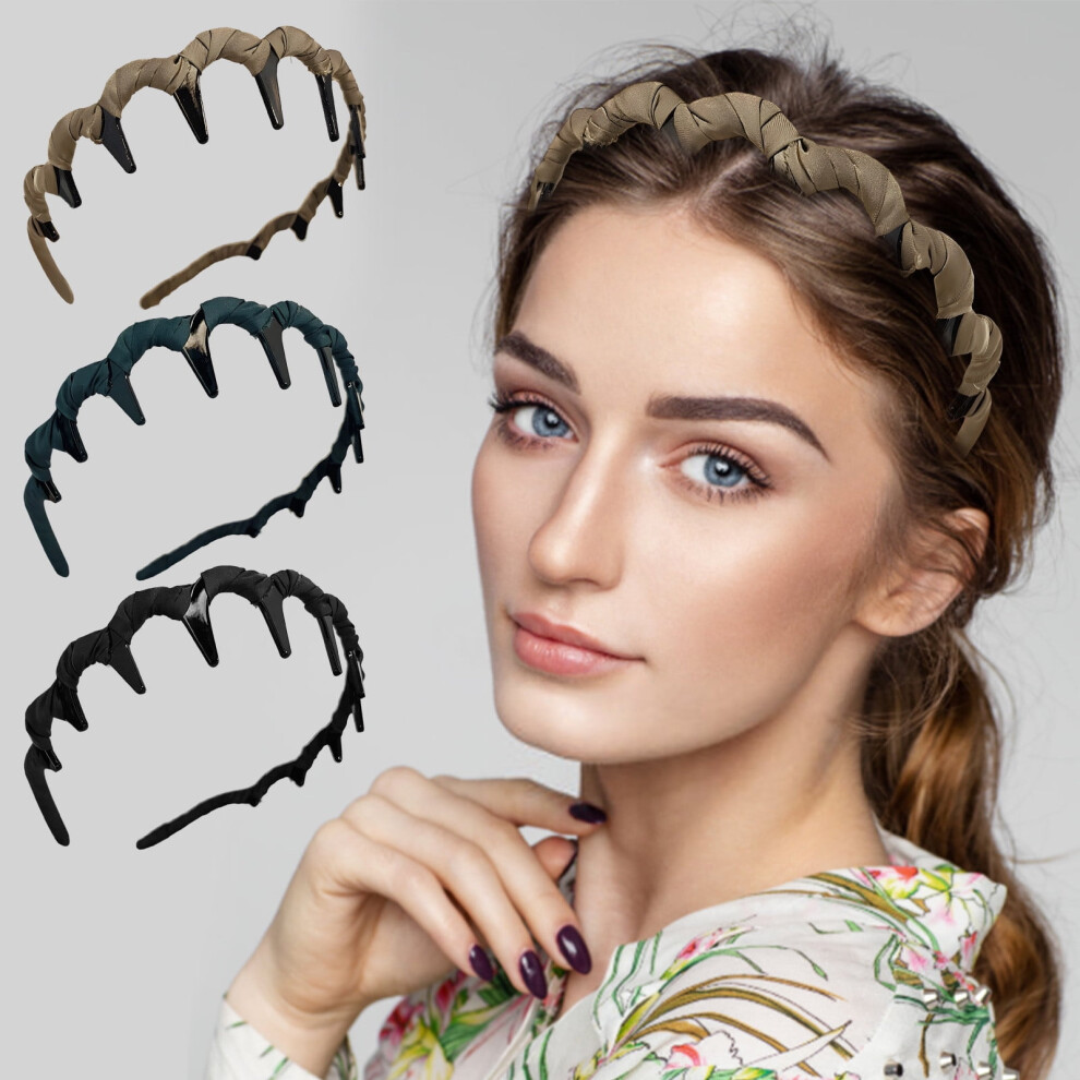 U-Shape Toothed Hair Comb Headband, Reversible High-Crown Headbands for Women & Teens â 3PC Solid Color Set
