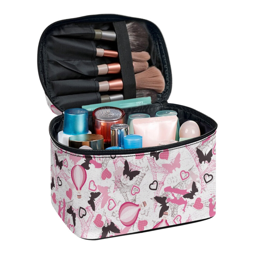Makeup Case Organizer Polyester Wide Open Portable Pouch Top-Handle Cosmetic Bag Heart Butterfly