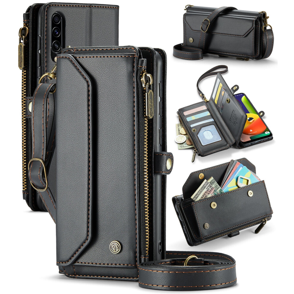 Caseme Leather Wallet Case For Compatible With Samsung Galaxy A50s Â Rfid Blocking, 10-Card Holder, Zipper Bills Slot, Magnetic Wrist Strap, Black 9313598245441