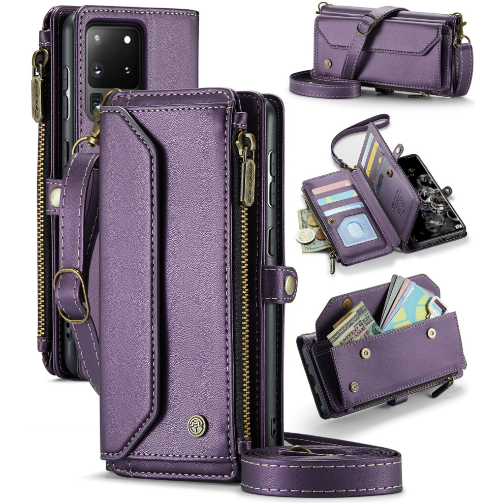 Caseme Leather Wallet Case For Compatible With Samsung Galaxy S20ultra Â Rfid Blocking, 10-Card Holder, Zipper Bills Slot, Magnetic Wrist Strap 9313598246677