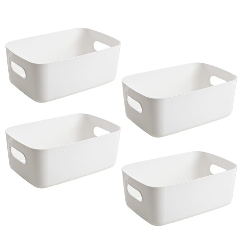 White Plastic Storage Box (20x14x7 cm), 4-Pack Organizer Crate for Kitchen, Bathroom & Wardrobe