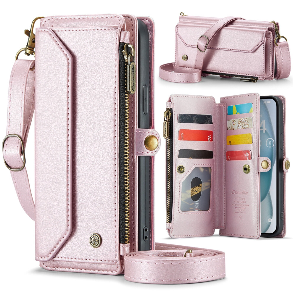 Shieldplus Rfid-Blocking Wallet Case For Iphone 16 Â Pu Leather Magnetic Flip, Crossbody Strap, Pink 9450273086965