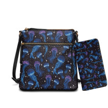 Dámska crossbody kabelka s potlačou medúzy a galaxie – kožená crossbody kabelka s peňaženkou, viacerými vreckami a nastaviteľným popruhom