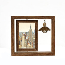 6" Vertical Brown Wood Grain Rotating Photo Frame with LED Light, Holds 2 Photos, Desktop Home Decor