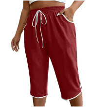 Sexy, einfarbige, sportliche Freizeithose für Damen, locker geschnittene Sommerhose aus Baumwoll-Leinen-Mischgewebe, bequem und dehnbar, Dunkelrot,