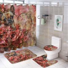Dog & Flowers Heart 4-Piece Bathroom Rug Set + Shower Curtain, Non-Slip, Waterproof, Compatible with Standard Bath Fixtures