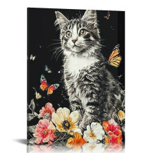 Cat Canvas Wall Art Black and White Animal Pet with Colorful Flower Butterfly Painting Pictures Cute Kitten Floral Print Poster for Girls 12x16 in