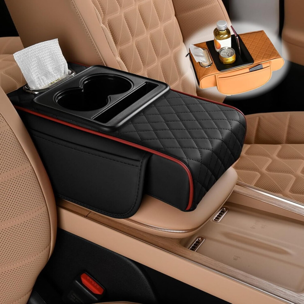 Multifunctional Pu Leather Car Armrest Box Mat | Car Cup & Tissue Holder With 2 Storage Bags, Phone Slot, Tissue Box Slot 9496895279545