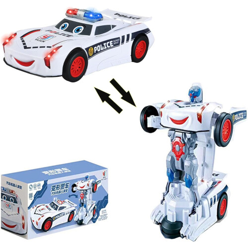 Coche de policía robot transformable de juguete con luces y sirena.