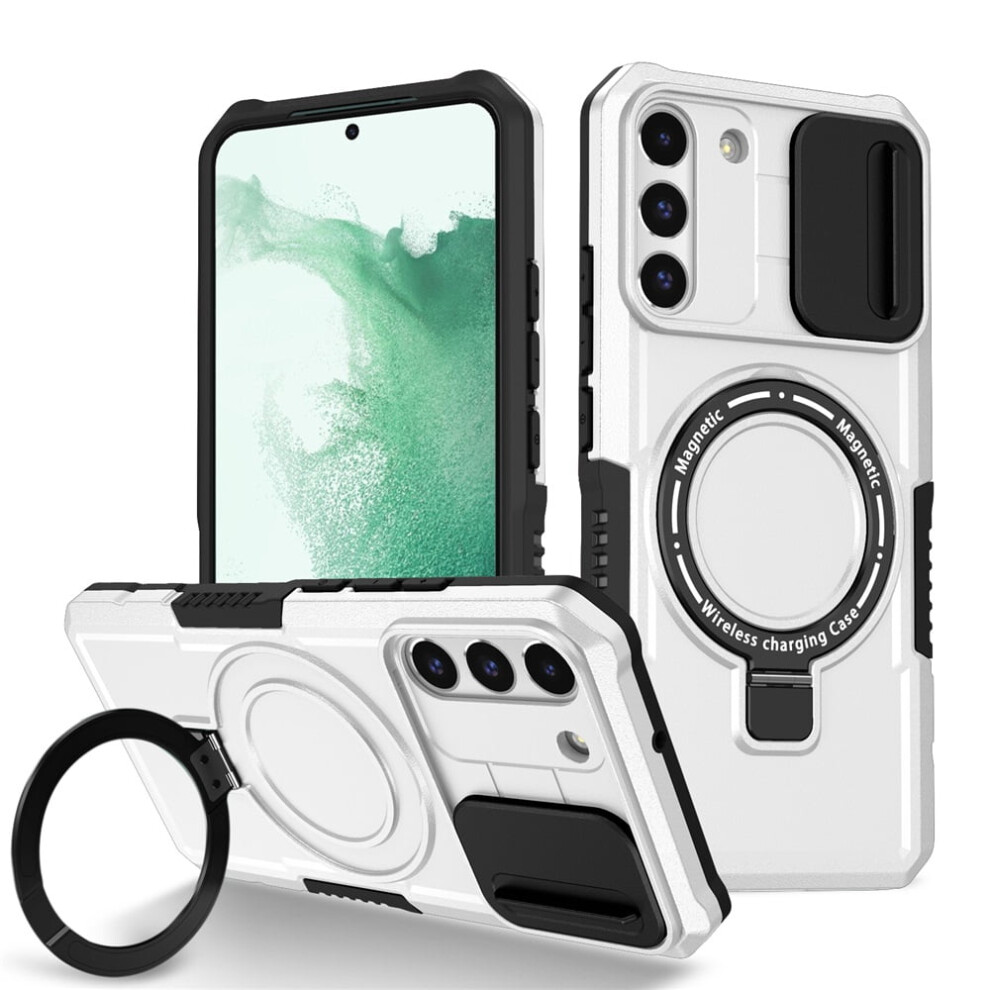 Shockproof Case For Samsung Galaxy S22 Plus 6.6" – Sliding Camera Cover, Magsafe Compatible, Hidden Kickstand & Ring Holder White 9496895278654