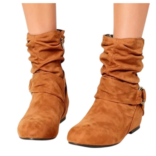 Women's Calf Leather Boots Brown Side Zipper 1 Pair 1