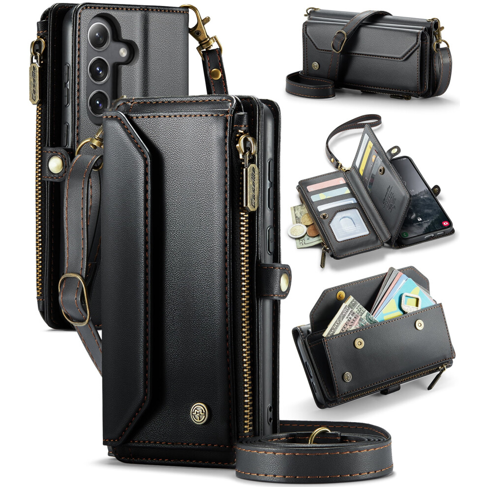 Caseme Leather Wallet Case For Compatible With Samsung Galaxy S25 6.2" & S24 6.2": Rfid Blocking, 7-Card Holder, Zipper Bills Slot, Magnetic Wrist 9496895280190
