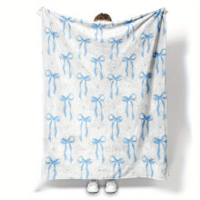Flannel Blanket with Blue Bow Pattern, Durable Edges & All-Season Use – Nap, Office, Sofa, Car – Perfect Gift (1pc)