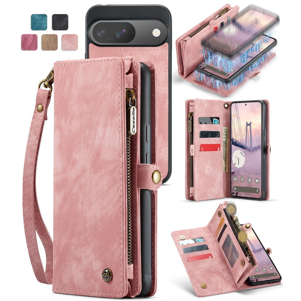 Caseme Leather Case For Google Pixel 9/9 Proâ2-In-1 Detachable Wallet, 8-Card Holder + Zipper Bills Slot, Magnetic Shockproof Flip Cover, Pink 9180435280190