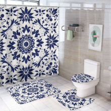 Blue & White Geometric Flower 4-Pc Shower Curtain Set w/ Non-Slip Rug, Toilet Lid Cover & Bath Mat – Waterproof