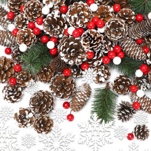 115pcs Christmas Pine Cones & Berries Set – White Snow Pinecones, Branches, Pendants for DIY Crafts, Home Decor, Xmas Tree, Gift Tags, Party