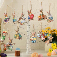 12 stuks paashangers: schattige houten konijntjes en eitjes, vintage kerstboomversiering, geschikt voor thuis en feestjes tijdens de feestdagen.