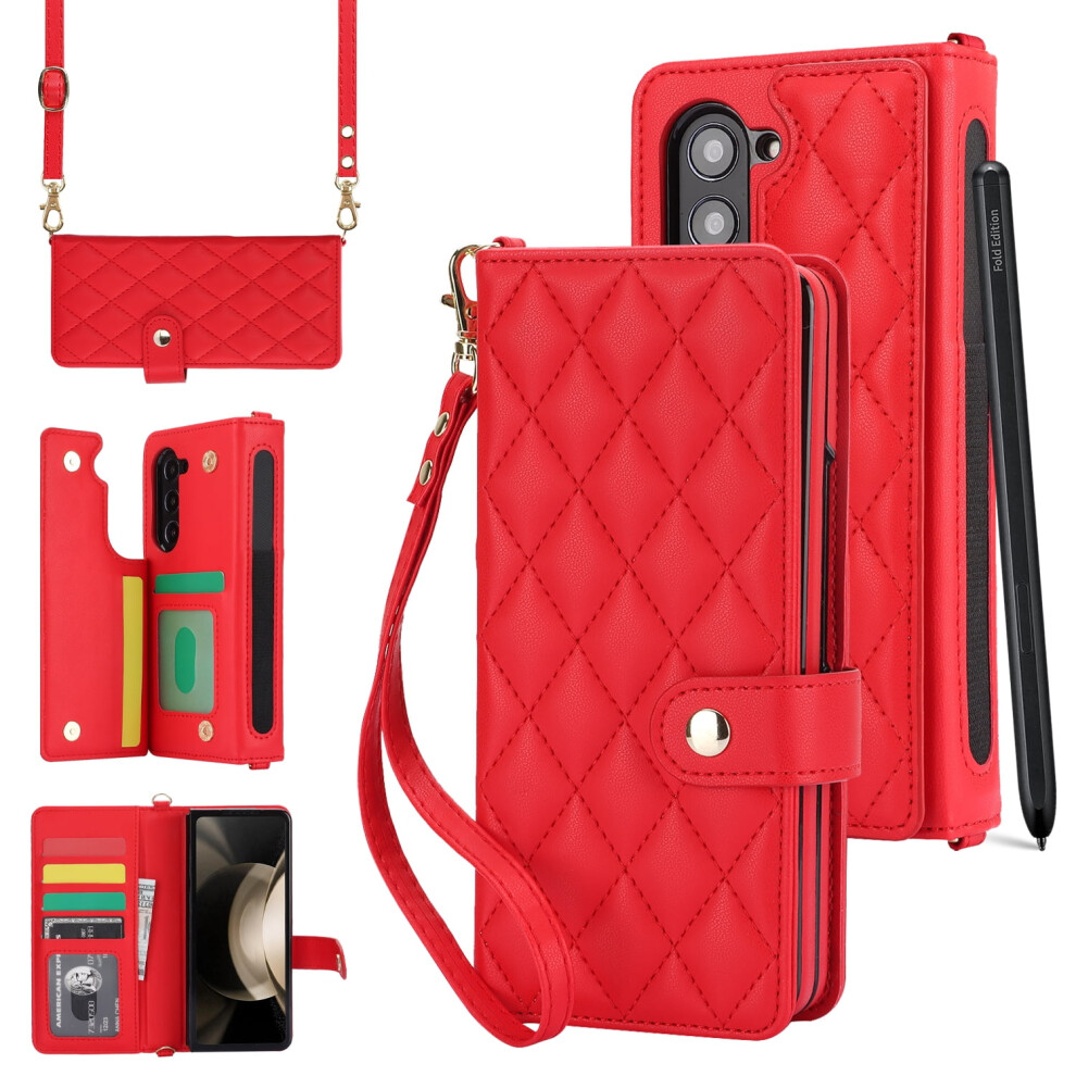 Wallet Case For Samsung Galaxy Z Fold 6 Â Pu Leather, Wrist & Crossbody Straps, Card Slots, Stand, Shockproof, Red 9180435281999