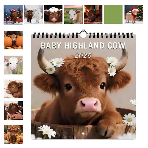 2026 Ημερολόγιο τοίχου Highland Cow σε στυλ αγροικίας, διακόσμηση σπιτιού και γραφείου 1