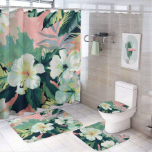 4-Piece Hawaiian Shower Curtain Set with Non-Slip Rugs, Toilet Mat & Lid Rug, Hibiscus Design, 12 Hooks, 72"x72", Compatible with Standard Showers
