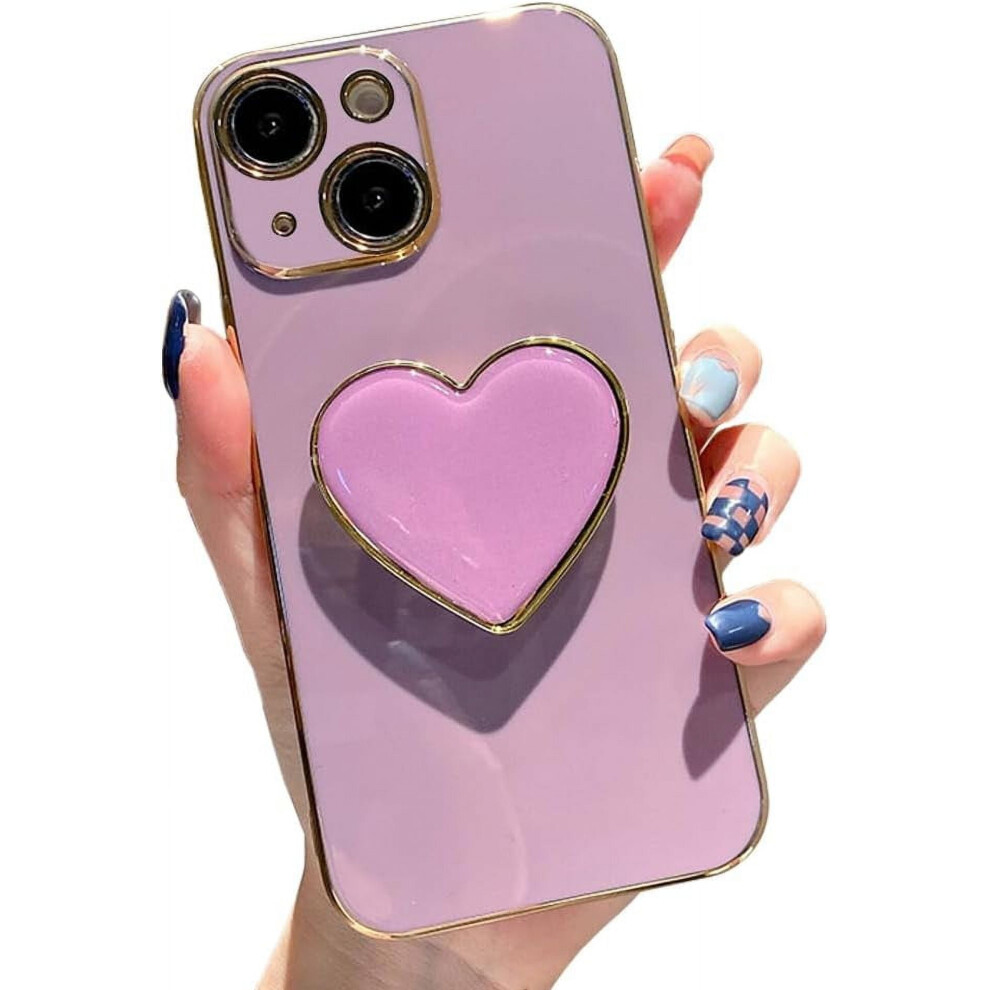 Heart Holder Stand Case For Iphone 15 6.1'' Â Soft Tpu Shockproof, Luxury Plating Bumper, Compatible With Iphone 15 Purple 9180435282439