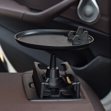 Bandeja expansível para carro com porta-copos e compartimentos duplos para bebidas.