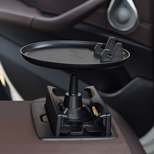 Bandeja expansível para carro com porta-copos e compartimentos duplos para bebidas.