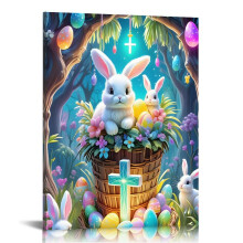 Vintage Easter Bunny Egg Wall Art, Rabbit Poster on Canvas – Compatible with Bedroom, Living Room, Bathroom, Office Decor & Gifts